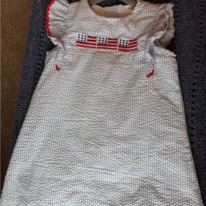 Sleeveless Blue Seersucker Girls' Dress with Red Trim and Flag Appliqué 4T